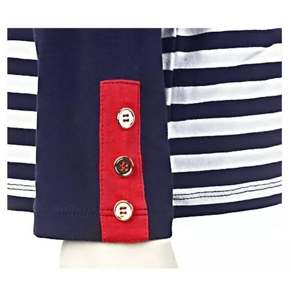 Susan Graver Women 2X Weekend Striped Stretch Top Navy Red Button Detail NWT - Picture 4 of 5